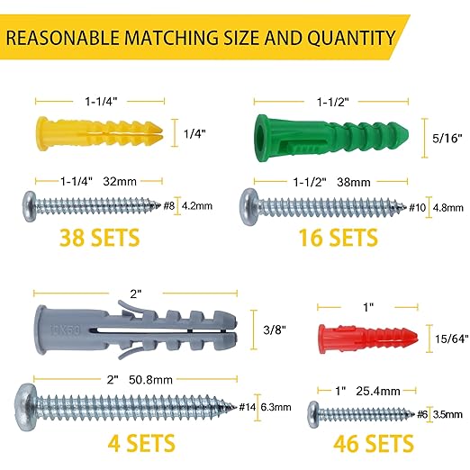 208PCS Drywall Anchors and Screws Assortment Kit, Wall Anchors and Screws Kit, 4 Sizes Plastic Anchors and Matched Phillips Pan Head Screws