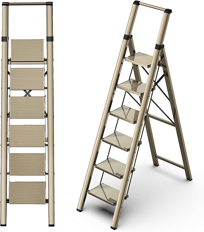 GameGem Step Ladder 6 Step Folding, Aluminum Ladders for High Ceilings, Tall Closet, Cabinet, 6 ft Lightweight Step Ladder with Anti-Slip Foot for Home Use, 330Lbs Load, Champange Gold