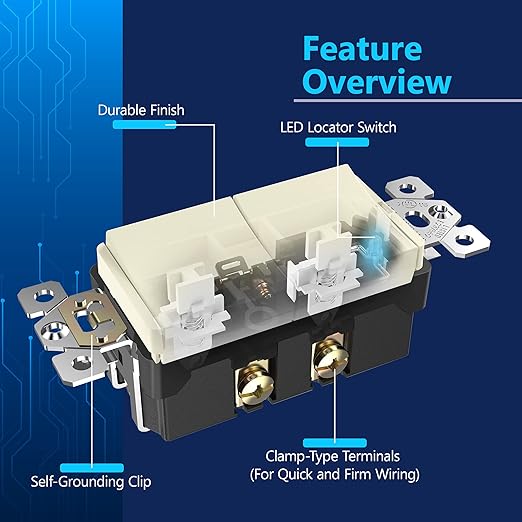 LIDER Minimalist Design Matte Finish Lighted Double Switch, Combination Frameless Decorator Switch with Locator Light, Ground Terminal, Single Pole, 15A 120-277V, UL Listed, LCS2-1P-LA, Light Almond