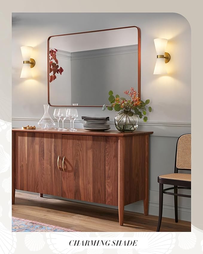 Modern Wall Sconce Set of 2, HWH 2-Light Up Down Wall Light Indoor Vanity Wall Lamp, Brushed Gold Bathroom Vanity Sconce Frosted White Striped Glass Shade, 5HZG97B-2W-2PK BG