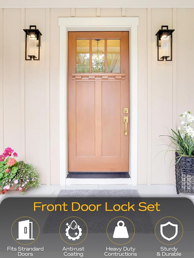 EHOMEWARE Gold Front Door Handle Set, Brass Heavy Duty Square Door Lever & Single Cylinder Deadbolt Combo Reversible for Entrance Exterior Doors 2 Sets