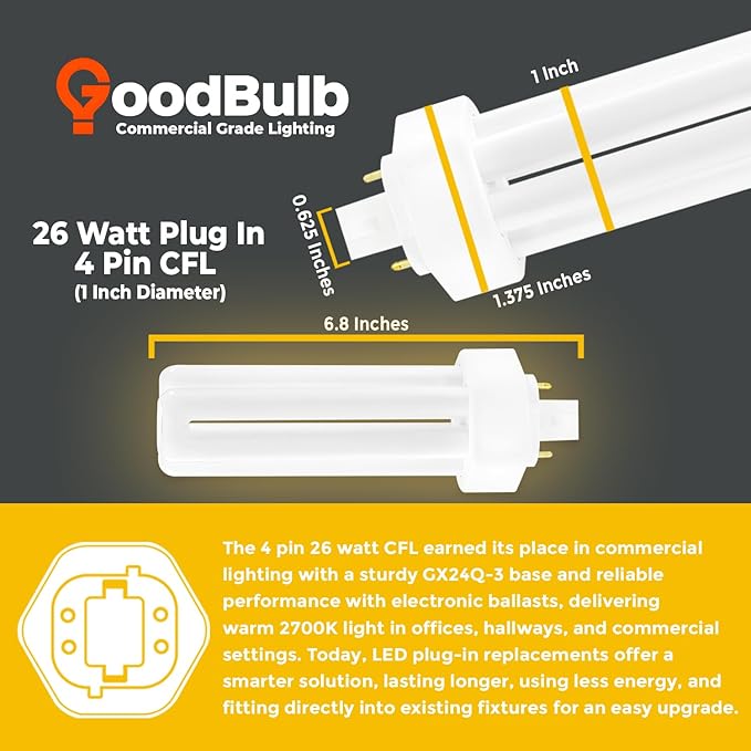 GoodBulb 26 Watt CFL Light Bulbs 4 Pin GX24Q-3 Base 2700K Soft White 26W High Output 1800 Lumens Triple Tube Compact Fluorescent Light Bulbs Plug-in 10 Pack