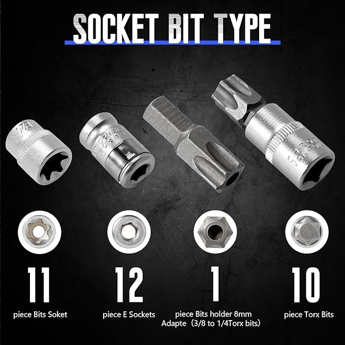 Drive Male Female Torx Star Bit Socket E-Socket Set Handheld Tool - 34 Pcs, Star Socket Set For Hand Use Work On Cars, Trucks, Machinery, and Other Jobs With Storage Case, Blue