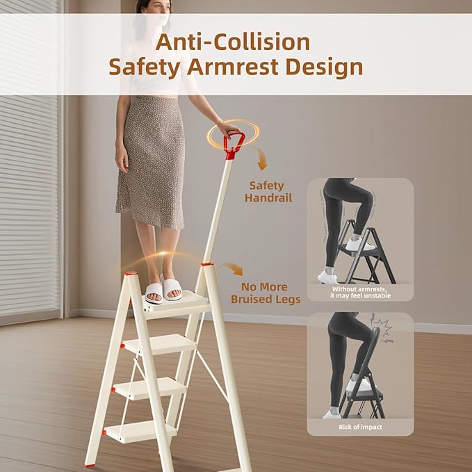 ASPERALD 4 Step Ladder with Single-Handrail,Foldable Step Stool with Anti-Slip Wide Pedals for Home Kitchen Closet, Step Ladder 4 Step Folding White