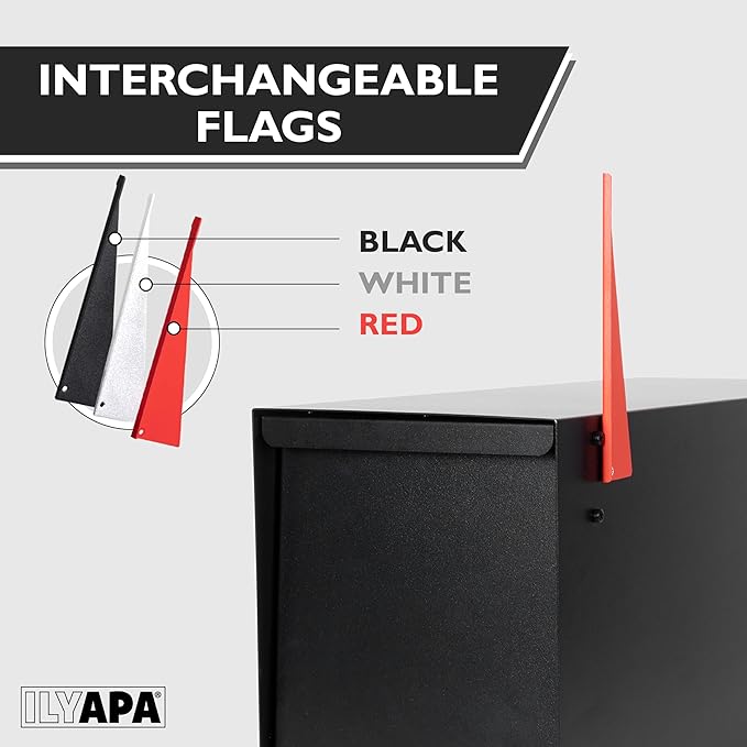 Ilyapa Locking Mailbox with Lock and Key Modern Mailboxes for Outside Post Mount - Black Exterior Powder Coated Steel Heavy Duty Welded Mailbox