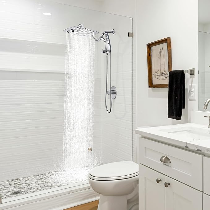 G-Promise All Metal 14 Inch Shower Head with Massage Mode Handheld, Rain Shower Head with Handheld Spray Combo, 3-Way Diverter with Pause Setting, 12 Inch Adjustable Extension Arm (Chrome)