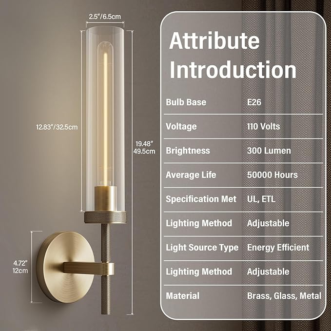 Brass Wall Sconces Set of Two 19.48'' Knurled Texture Indoor Wall Light Fixtures, Bathroom Vanity Light Fixtures with Clear Glass, Modern Wall Lamp for Living Room Hallway (Bulb Included)