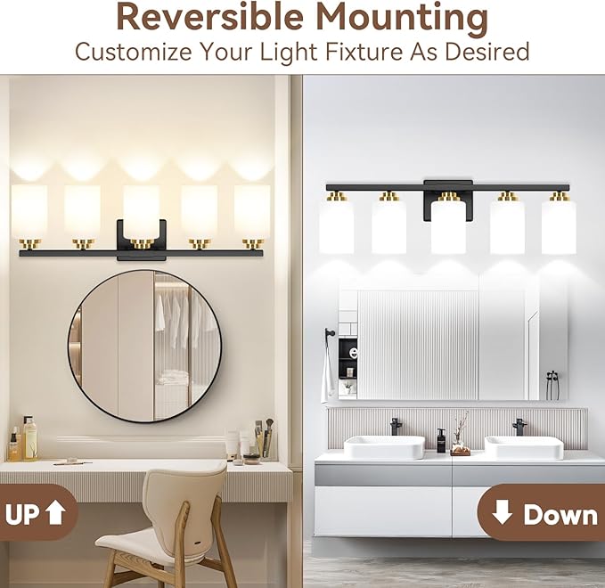 5-Light Bathroom Light Fixtures, 31" Modern Vanity Lights Over Mirror with Milky White Glass Shade, Black & Gold Light Fixture, Classic Wall Light Fixture for Mirror Living Room Cabinet Bedroom Porch