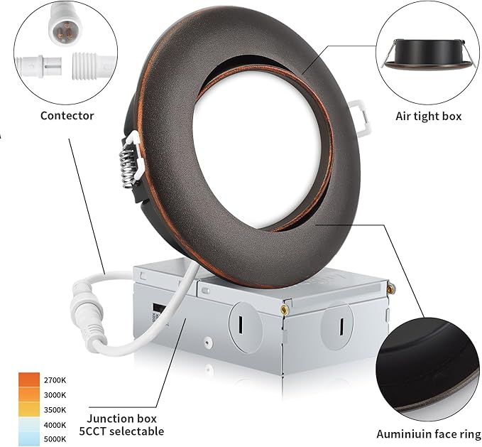 Oil Rubbed Bronze 4 Inch Led Recessed Lights 6 Pack,Ajustable Led Eyeball Gimbal Lights,4 Inch Ceiling Light with Junction Box,5CCT Selectable,9W 750LM,Dimmable