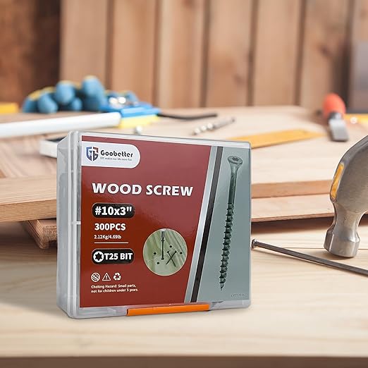 Wood Screws 3 inch, 300pcs Countersunk Self Tapping Screws #10x3, Carbon Steel, Against Rust and Corrosion Screw, Green Coated Exterior Wood/Deck Screws, Star Drive with Bit