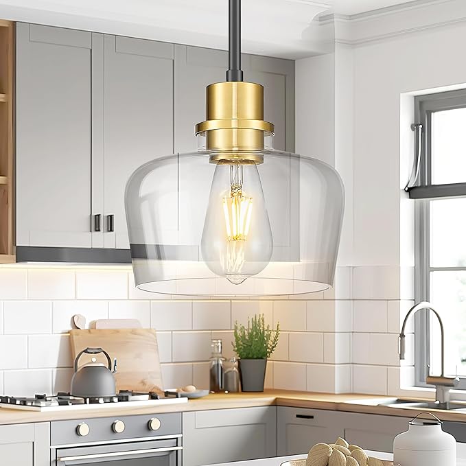 Emak 2 Pack Black Gold Pendant Lights Kitchen Island, Modern 8 Inch Clear Glass Pendant Light, Farmhouse Island Lights for Kitchen, Bathroom, Dining Room, PL122-BKBGD-CG-2PK