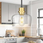 Emak 2 Pack Black Gold Pendant Lights Kitchen Island, Modern 8 Inch Clear Glass Pendant Light, Farmhouse Island Lights for Kitchen, Bathroom, Dining Room, PL122-BKBGD-CG-2PK