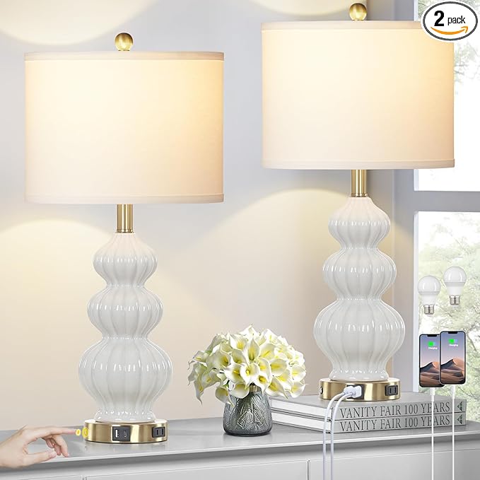 Triple Gourd Ceramic Table Lamps Set of 2, Modern White Bedside Lamps with USB A+C Ports & AC Outlet, 3 Way Touch Control Contemporary Nightstand Lamps for Bedroom Living Room