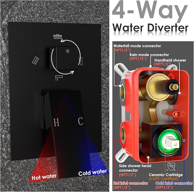 Enga 10 Inch + Dual 6-Inch Rain Shower System, Four Modes Diverter Shower Faucet with Handheld, Luxury Rain Mixer Shower Combo Set, Matte Black