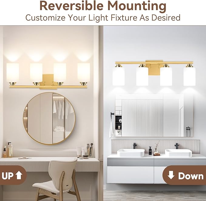 4-Light Bathroom Light Fixtures, 27" Modern Vanity Lights Over Mirror with Milky White Glass Shade, Gold Wall Sconce, Classic Wall Light Fixture for Mirror Living Room Cabinet Bedroom Porch Kitchen