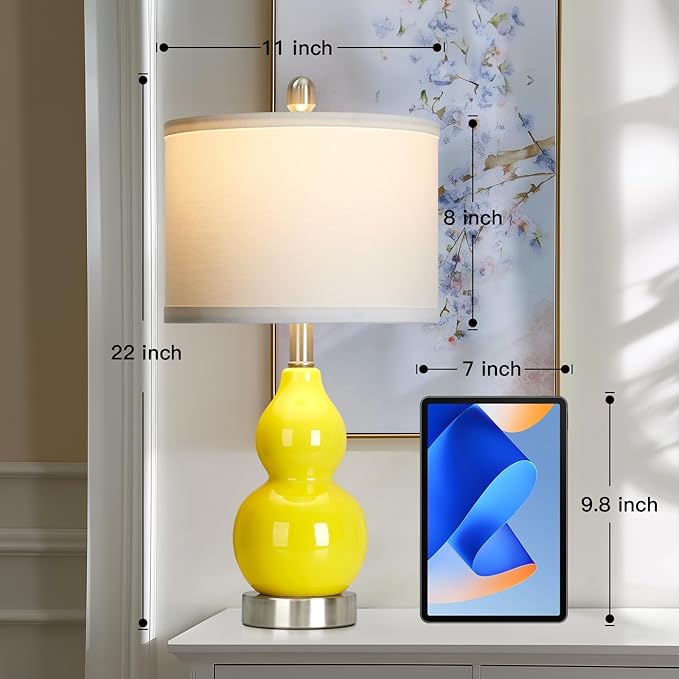 Double Gourd Ceramic Table Lamps Set of 2, Yellow Modern Bedside Lamps for Living Room, Contemporary Nightstand Desk Lamps for Bedroom End Table Home Office Decor(2 LED Bulbs Included)
