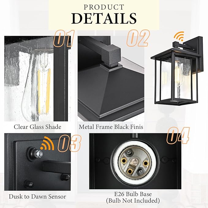 Outdoor Wall Lights Dusk to Dawn Porch Lights Outdoor Wall Sconce Dusk to Dawn Porch Light Fixture Aluminum Waterproof Farmhouse Sconces for Outside Patio House