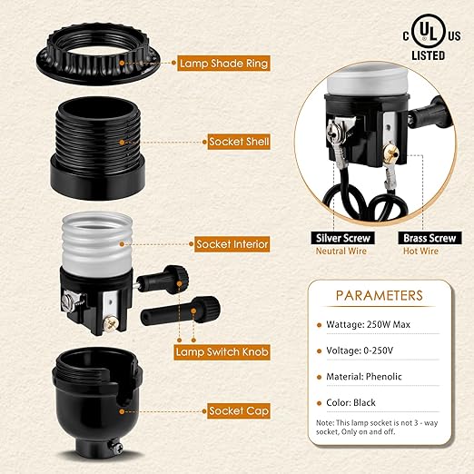 UL Listed E26 Light Socket Replacement,with 2 Lamp Shade Rings,2 ON/Off Turn Knob Types (Short/Long),Other Repair Parts. Fits Table Lamps, Floor Lamps and Light Fixtures,Black (2)