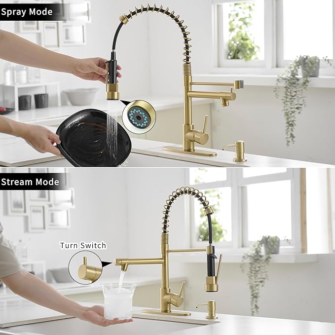 AIMADI Gold Kitchen Faucet with Soap Dispenser,Commercial Single Handle Pull Down Kitchen Faucets with Sprayer,Brushed Gold