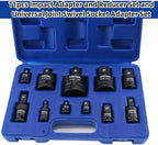11pcs Impact Adapter and Reducer Set and Universal Joint Swivel Socket Adapter Set, 1/4" 3/8" 1/2" 3/4" 1" Drive Socket Adapter Set, Cr-Mo Steel,With a Storage Case.