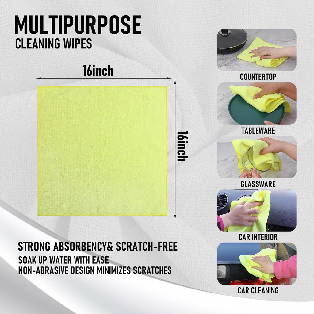 Tricol Clean Microfiber Cleaning Cloth, 16in*16in, 12 Pack Ultra-Thick Cleaning Rags, Super Absorbent, Lint Free & Streak Free Cleaning Towels for Car, House, Kitchen, Office