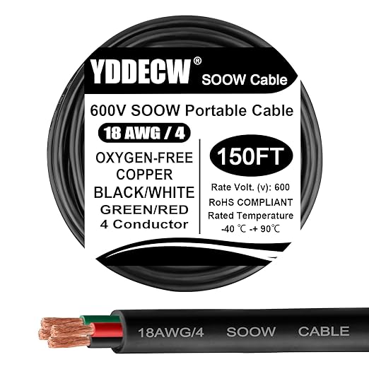 150ft 18/4 18 AWG Portable Power Cable (4 Conductor) - SOOW 600V 18 Gauge Electric Wire for Motor Leads, Portable Lights, Battery Chargers and Machinery - 4 Conductor - 150 Feet Electrical Cord