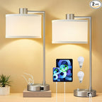 Luvkczc Table Lamps for Living Room with USB C+A Ports - Fully Stepless Dimmable Bedsides Lamp with Linen Lampshade, Lamps for Night Stands Bedroom Reading Office, 2 LED Bulbs Included (Silver)