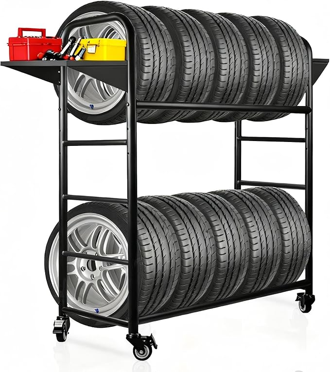 Tire Rack, 59 x 57 x 20 Inches Garage Tire Storage Stand with Storage Tray 218KG/480LBS Capacity, 2 Storage Shelf & 4 Swivel Casters Rolling Tire Storage Rack, Black