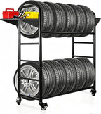 Tire Rack, 59 x 57 x 20 Inches Garage Tire Storage Stand with Storage Tray 218KG/480LBS Capacity, 2 Storage Shelf & 4 Swivel Casters Rolling Tire Storage Rack, Black