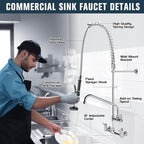 Commercial Faucet with Sprayer, 21 Inch Height Commercial Sink Faucet Wall Mount with 8" Adjustable Center and 8" Add-on Swing Spout & Pull Down Pre Rinse Sprayer