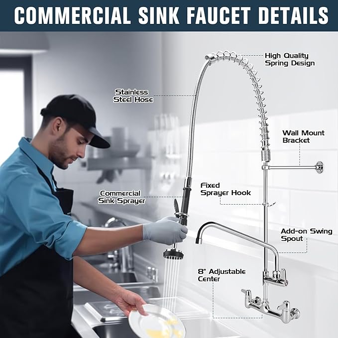 Commercial Faucet with Sprayer, 43 Inch Height Commercial Sink Faucet Wall Mount with 8" Adjustable Center and 12" Add-on Swing Spout & Pull Down Pre Rinse Sprayer