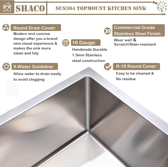 SHACO 15x15 Inch Drop In Bar Sink, Topmount 16 Guage Handmade Stainless Steel Square Small Sink for Wet Bar Prep Small Kitchen RV Outdoor