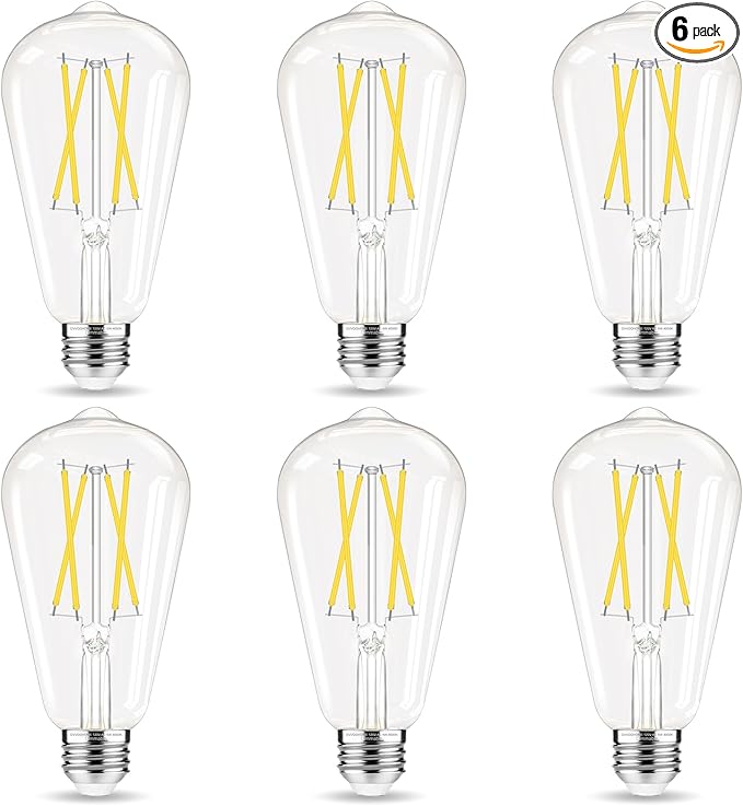 Dimmable LED Edison Bulb, E26 LED Bulb 60 watt Equivalent, Cool White 4000K, ST58 Vintage Light Bulbs, 90+ CRI, 6W 600LM, E26 Base, Clear Glass, 6 Pack