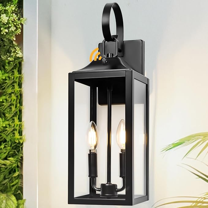 Black Dusk to Dawn Outdoor Wall Lantern 2-Light, 19" Large Outside Modern Porch Sconce Light Fixture, Industrial Porch Light Wall Mount with Glass, Waterproof Farmhouse Exterior Lamp Lighting