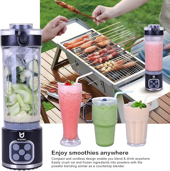 UTALENT Cordless Portable Blender, 25 oz removable Vessel，Powerful Personal Blender, for Smoothies, Ice Crush, 4 Programs, Leakproof-Lid & Sip Spout, USB-C Rechargeable, Dishwasher Safe Parts, Black