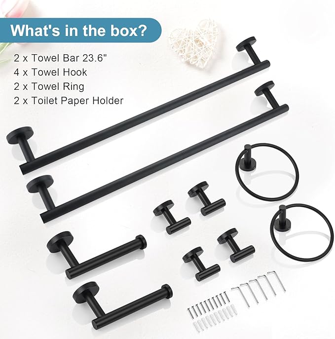 TQKAG Matte Black Bathroom Hardware Accessories Set 10-Pieces, Premium SUS304 Stainless Steel Bathroom Towel Bar Holder Set 23.6 Inch Round Towel Racks for Bathroom Wall Mounted