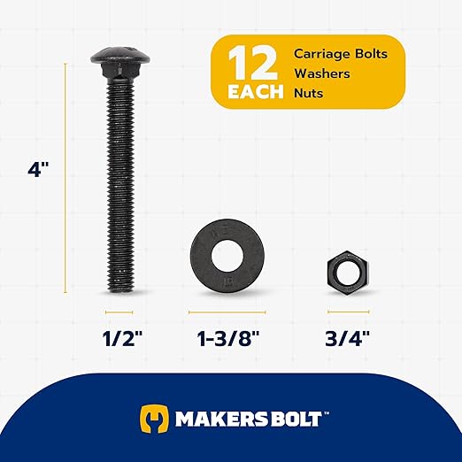 1/2 in. x 4 in. Black Carriage Bolt Kit Includes 12 Bolts, 12 Washers, and 12 Nuts, Ceramic Black Ruspert Coated for Exterior Use - 2X Rust Resistance of Galvanized by Makers Bolt
