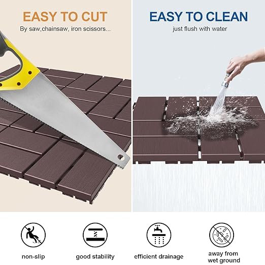 Goovilla Plastic Interlocking Deck Tiles, 9 Pack Outdoor Patio Flooring, 12"x12" Interlocking Decking Tile Outdoor All Weather Use, Waterproof Patio Pavers for Pool Balcony Backyard Porch, Dark Brown