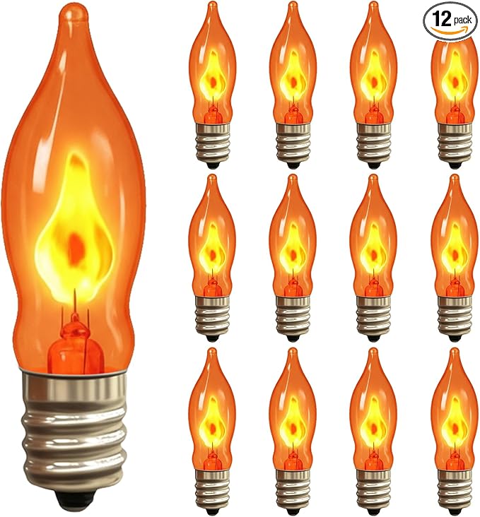 Flickering Flame Light Bulbs 1W, C7 E12 Incandescent (12 Pack), UL Listed 2200K Orange, Candelabra Bulbs for Window Candles, Chandeliers, Halloween Night Lights, C7 String Light Replacement