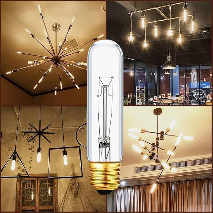 25 Watt T10 Clear Tubular Incandescent Light Bulb, Vintage Style Showcase Bulb,Showcase lamp, 2700K Soft White, E26 Medium Base, 280 Lumens,T10 Tubular Bulb (4PACK)