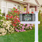 Kawani Buffalo Plaid Mailbox Cover - Black & White Plaid with Leaves - Magnetic Welcome - Standard Size 25.5 x 21 Inches