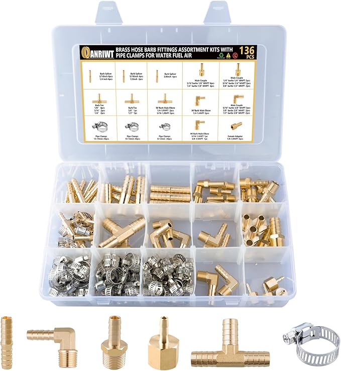 136Pcs Brass Hose Barb Fittings Assortment Kit Barb Splice/Female Adapter/Coupler/Tee/Male Elbow NPT Thread 1/8" 3/16" 1/4" 5/16" 3/8" 1/2" Air Hose Fittings with Pipe Clamps for Water/Air/Fuel