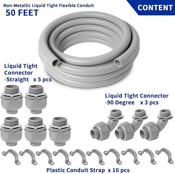 (1 inch Dia * 50 Feet) Yariwiz Flexible Electrical Conduit Liquid Tight PVC Conduit Kit with 5 PCS Coupling, 3 PCS Elbow and 10 PCS Strap, Sealtight Seal Flex Liquidtight Outdoor Non Metallic Grey