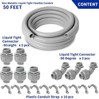 (1 inch Dia * 50 Feet) Yariwiz Flexible Electrical Conduit Liquid Tight PVC Conduit Kit with 5 PCS Coupling, 3 PCS Elbow and 10 PCS Strap, Sealtight Seal Flex Liquidtight Outdoor Non Metallic Grey