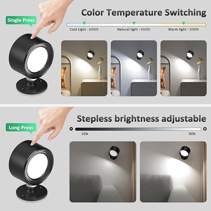 Lightbiz LED Wall Mounted Lights 2 Pcs with Remote, Wall Sconces Lamp 3000mAh Rechargeable Battery Operated, 3 Color Temperatures & Dimmable Magnetic 360° Rotation Cordless Light for Bedroom Bedside