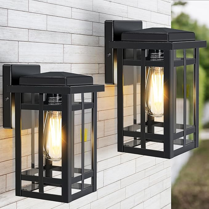 Outdoor Wall Light Fixtures 9.76'', Waterproof Porch Lights Lantern, Exterior Modern Matte Black Wall Mount Lighting, Anti-Rust E26 Socket Outside Scones for Front Door Garage Patio, 2 Pack