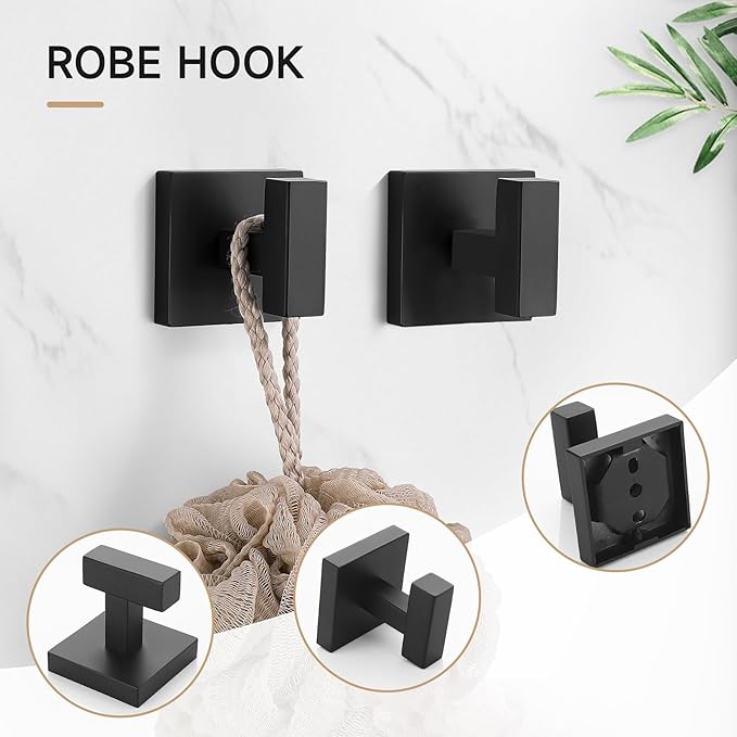 TQKAG Matte Black Bathroom Hardware Accessories Set 10 Pieces, 23.6" SUS304 Stainless Steel Towel Bar Set Wall Mounted Includes Single Towel Bar, Towel Ring, Toilet Paper Holder, Double Towel Hooks