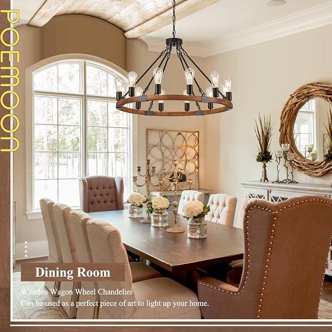 31.5'' Wooden Wagon Wheel Chandelier Farmhouse 12 Lights Wood Round Chandelier Black Rustic Light Fixture for Living Dining Room Entryway Foyer Kitchen