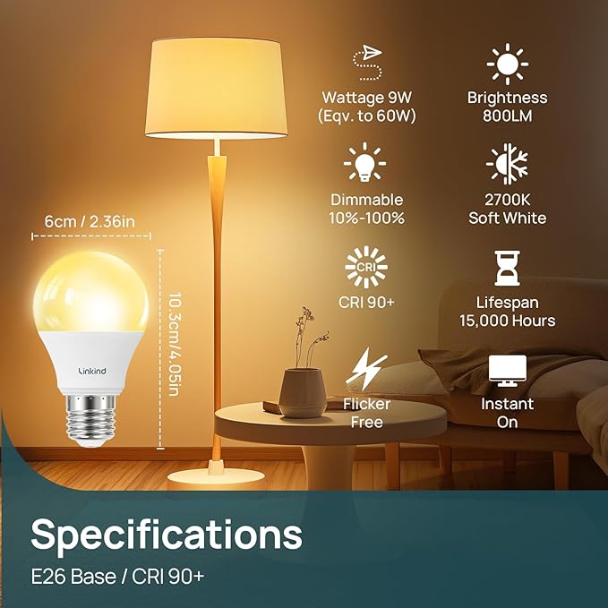 Linkind A19 LED Light Bulbs Dimmable, 60W Equivalent, 2700K Soft White LED Light Bulbs, High CRI90, 9W Energy Efficient 800 Lumens, E26 Base, UL Listed, Lighting for Bedroom Living Room, 6 Packs