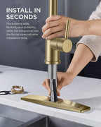 FORIOUS Gold Kitchen Faucet with Pull Down Sprayer, High Arc Single Handle Classic Stainless Steel Sink Faucet 1 or 3 Hole, Suitable for Farmhouse Camper Laundry Rv Bar